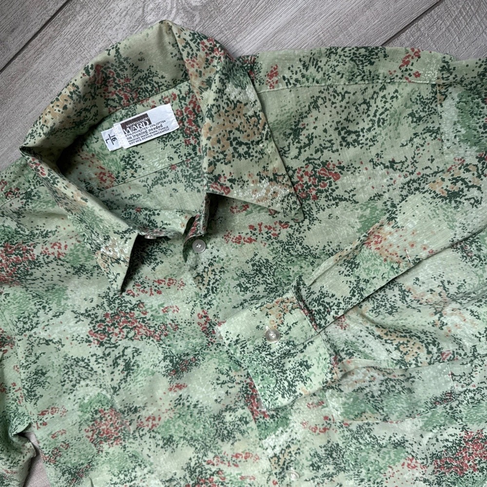 VTG 70's Montgomery Ward Long Sleeve Button Up Shirt Green Hipster Festival - Picture 9 of 16
